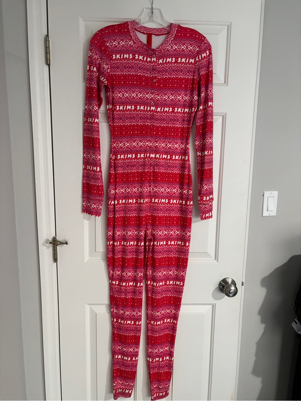 SKIMS Red Pink Fair Isle Logo Print Button Front Long Sleeve Onesie - Medium